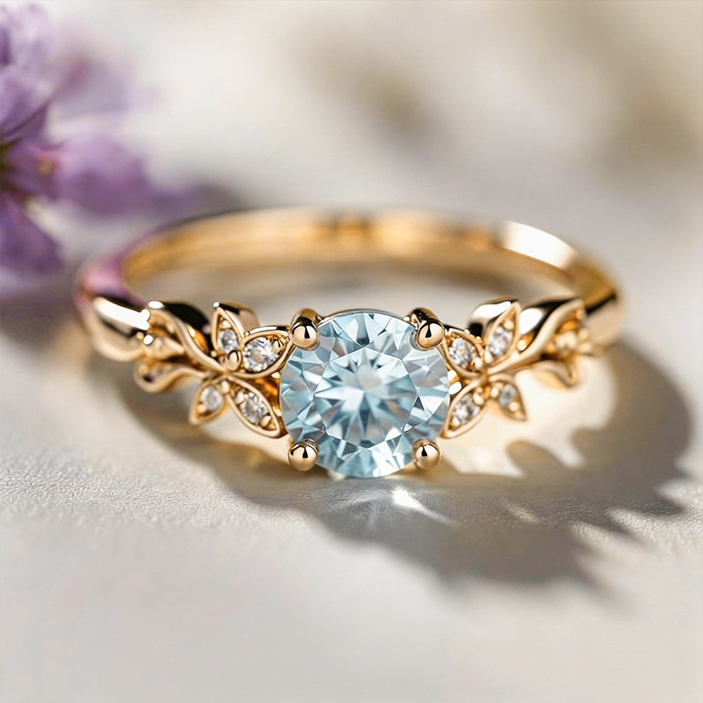 Marina’s Foliage | Round Blue Aquamarine Leafy Engagement Ring.