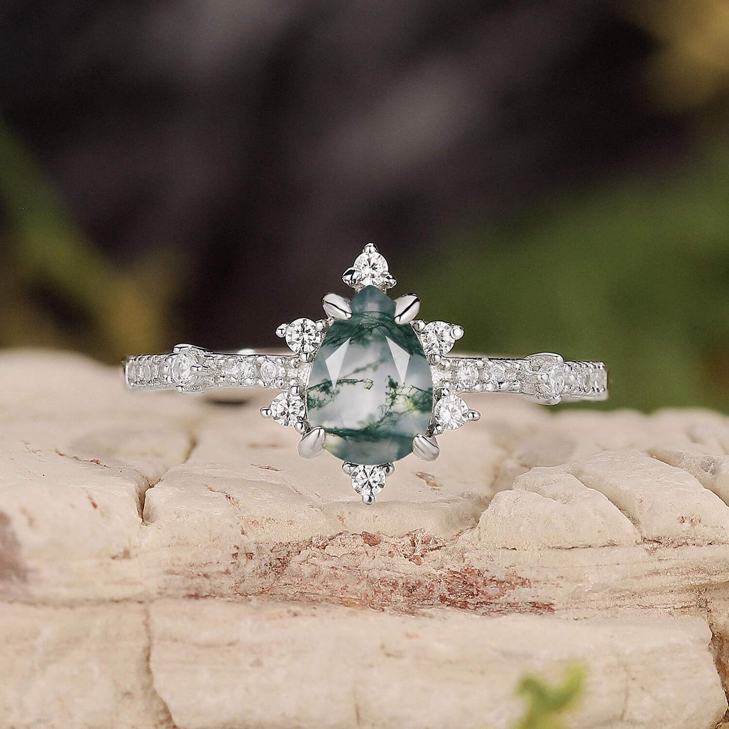 Unique Pear Cut Moss Agate Cluster Engagement Ring Set