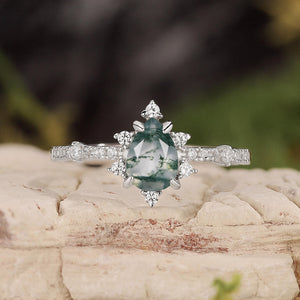 Unique Pear Cut Moss Agate Cluster Engagement Ring Set