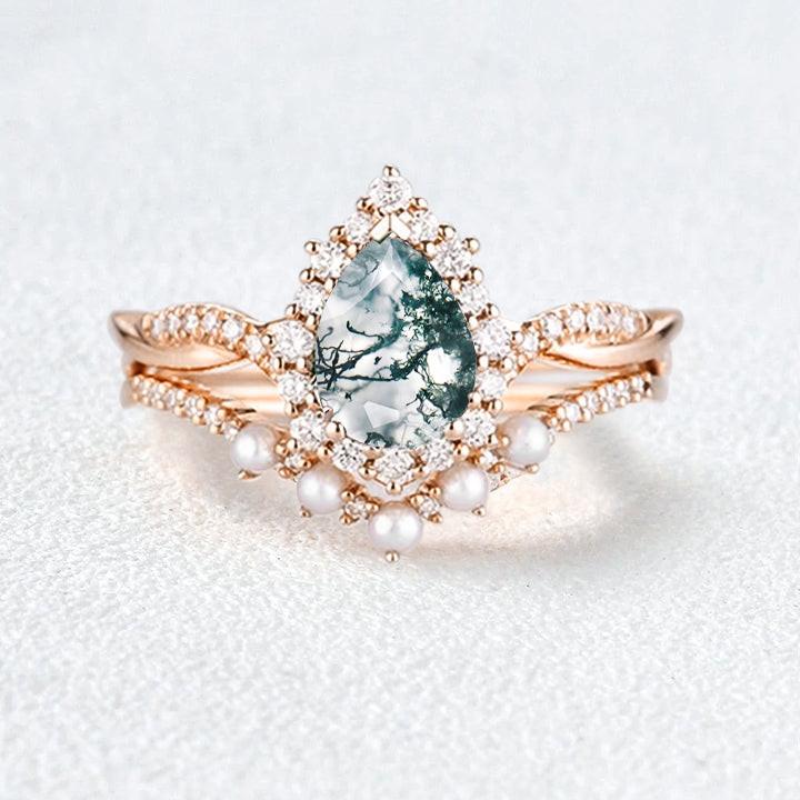 Pear Shaped Moss Agate Pearl Ring Set 2pcs.