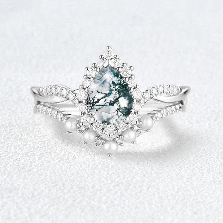 Pear Shaped Moss Agate Pearl Ring Set 2pcs.