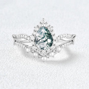 Pear Shaped Moss Agate Pearl Ring Set 2pcs.