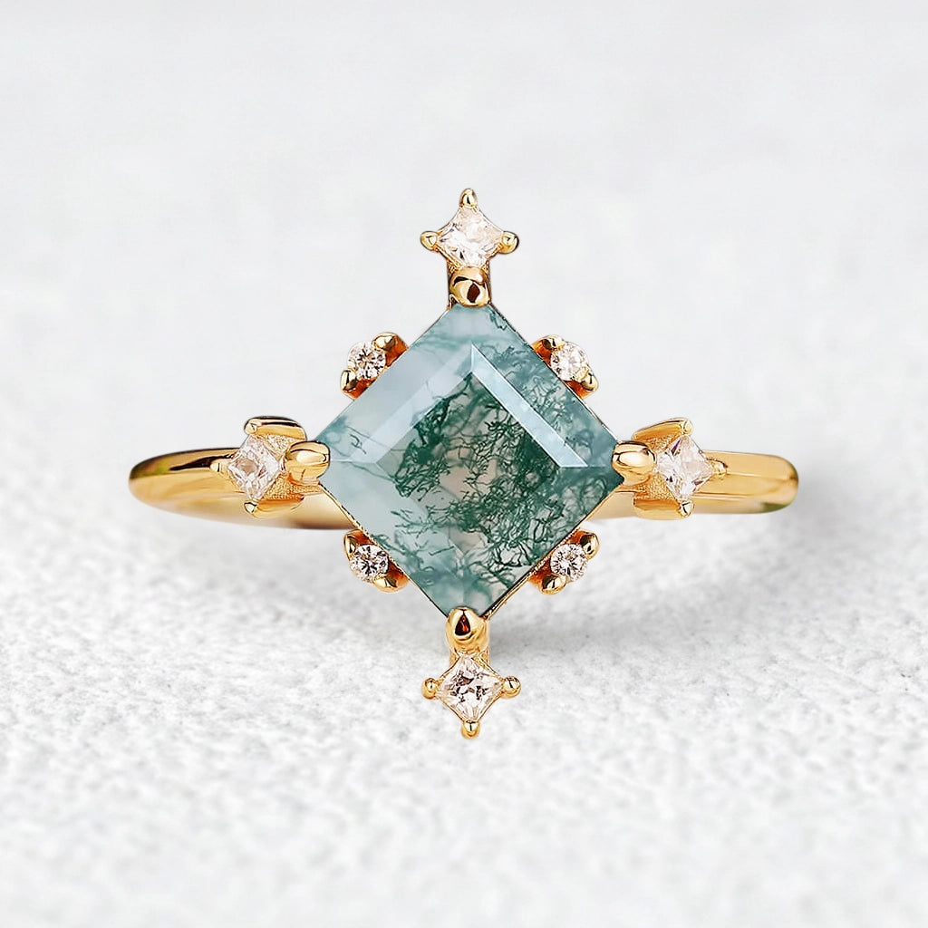 Nature Inspired Square Cut Moss Agate Promise Ring.