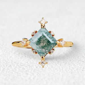 Nature Inspired Square Cut Moss Agate Promise Ring.