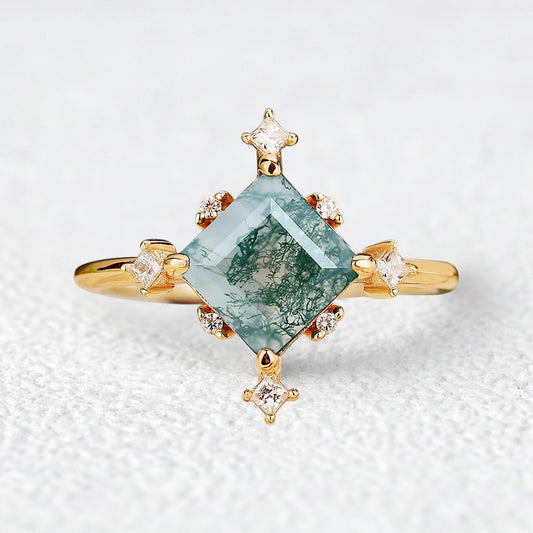 Nature Inspired Square Cut Moss Agate Promise Ring.