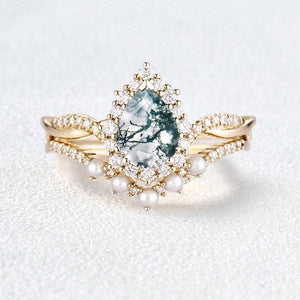 Pear Shaped Moss Agate Pearl Ring Set 2pcs.