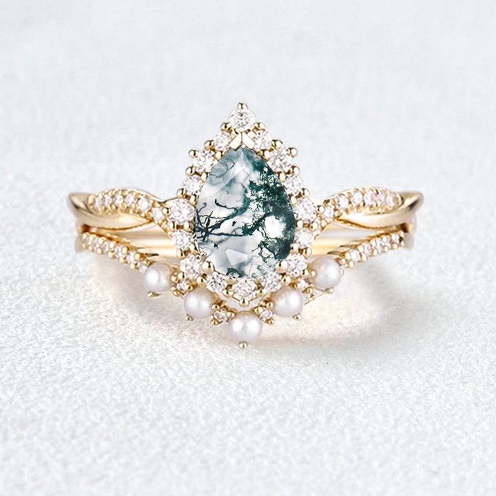 Pear Shaped Moss Agate Pearl Ring Set 2pcs.
