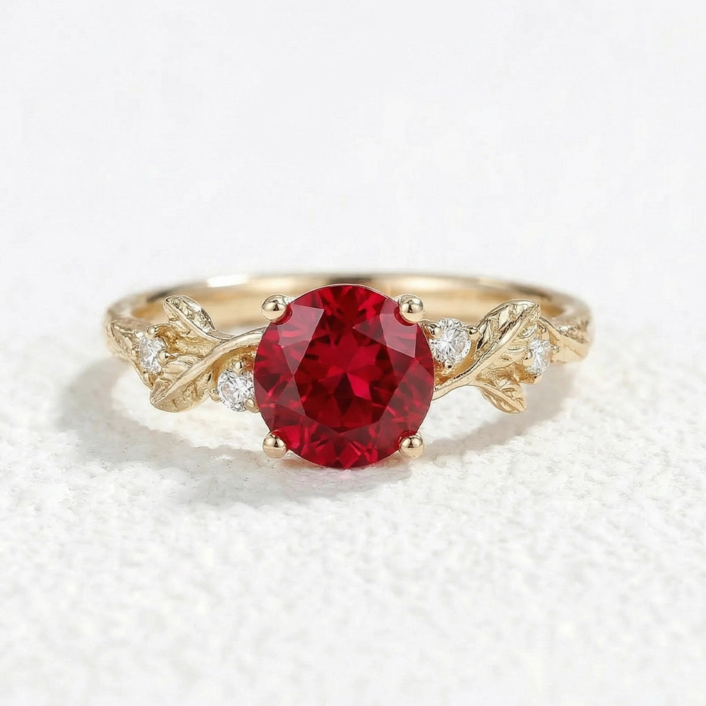 Scarlett’s Sprig | Round Ruby Solitaire Engagement Ring.