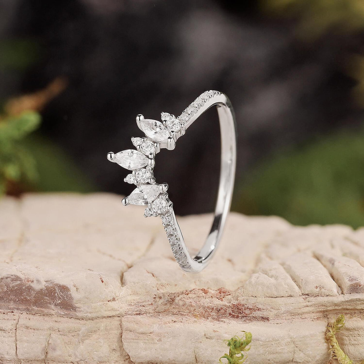 Marquise Cut Moissanite Half Eternity Curved Wedding Band in White Gold.