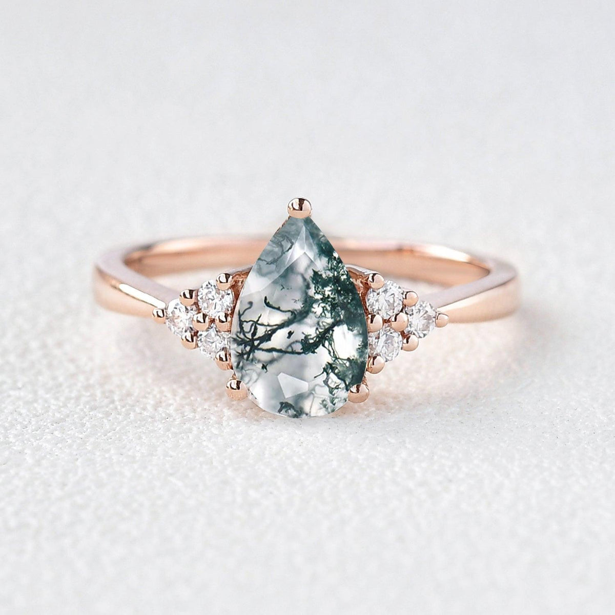 Sylvie’s Dew | Classic Pear Moss Agate Ring with Diamond Accents.