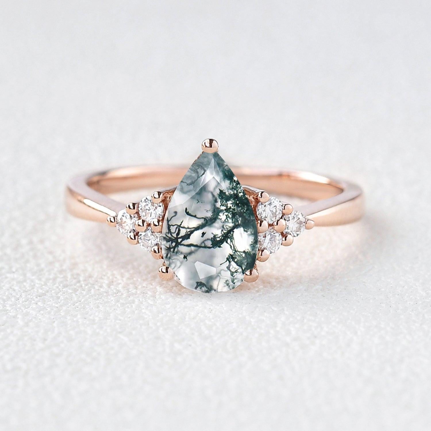 Sylvie’s Dew | Classic Pear Moss Agate Ring with Diamond Accents.