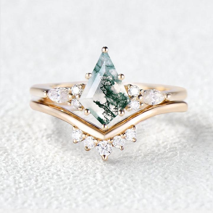 Kite Cut Moss Agate Engagement Ring Set 2pcs.