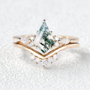 Kite Cut Moss Agate Engagement Ring Set 2pcs.