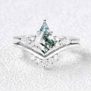 Kite Cut Moss Agate Engagement Ring Set 2pcs.
