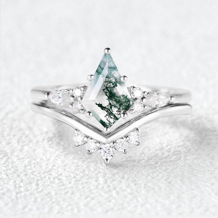 Kite Cut Moss Agate Engagement Ring Set 2pcs.