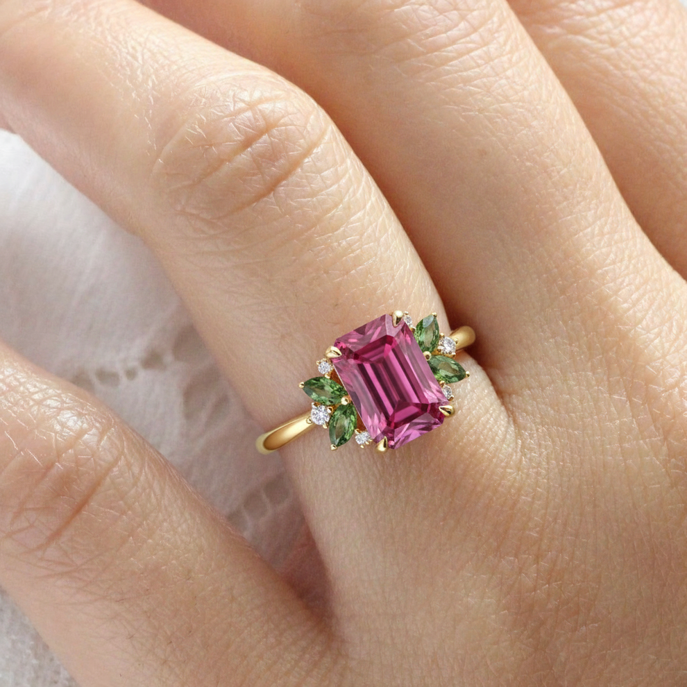 The Solandra Ember | 3CT Emerald Cut Ruby Halo Ring.