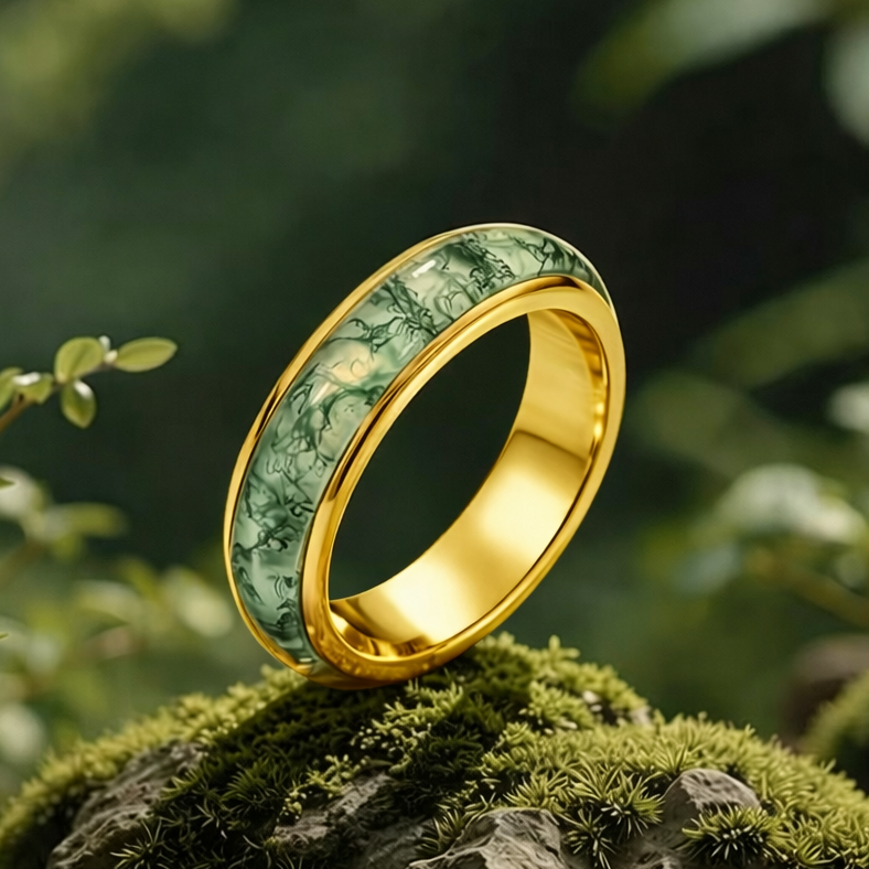 Atlas Arc | Eternal Curved Moss Agate Inlay Wedding Band.