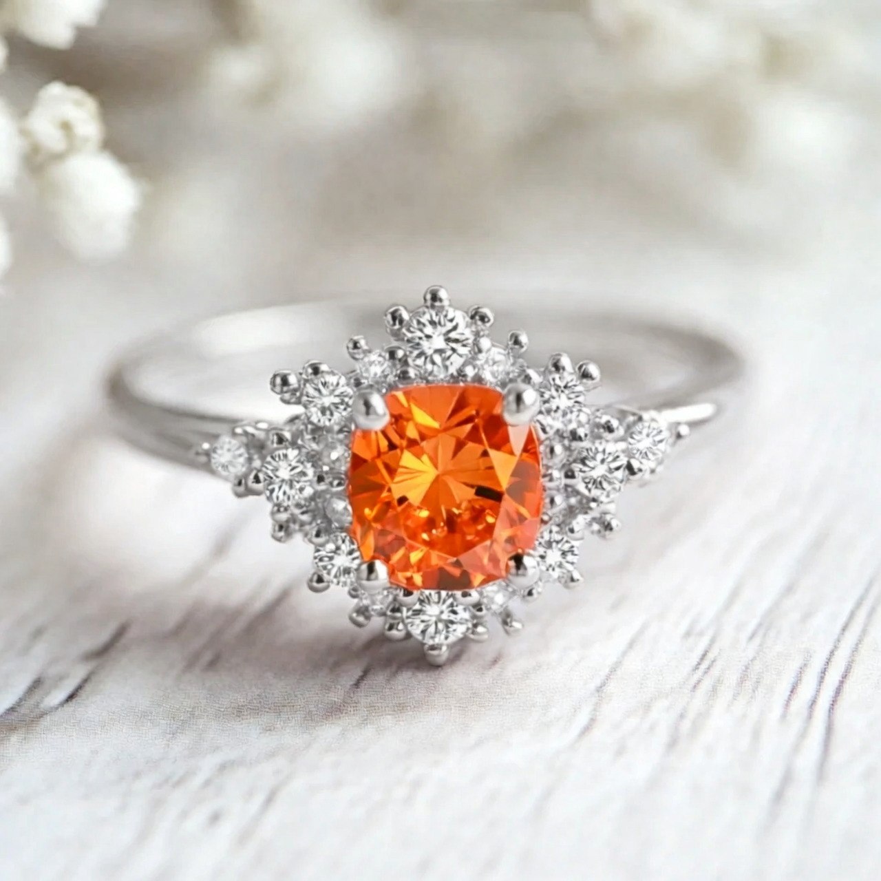 Vivienne’s Amber | Round Cut Orange Sapphire Halo Engagement Ring.