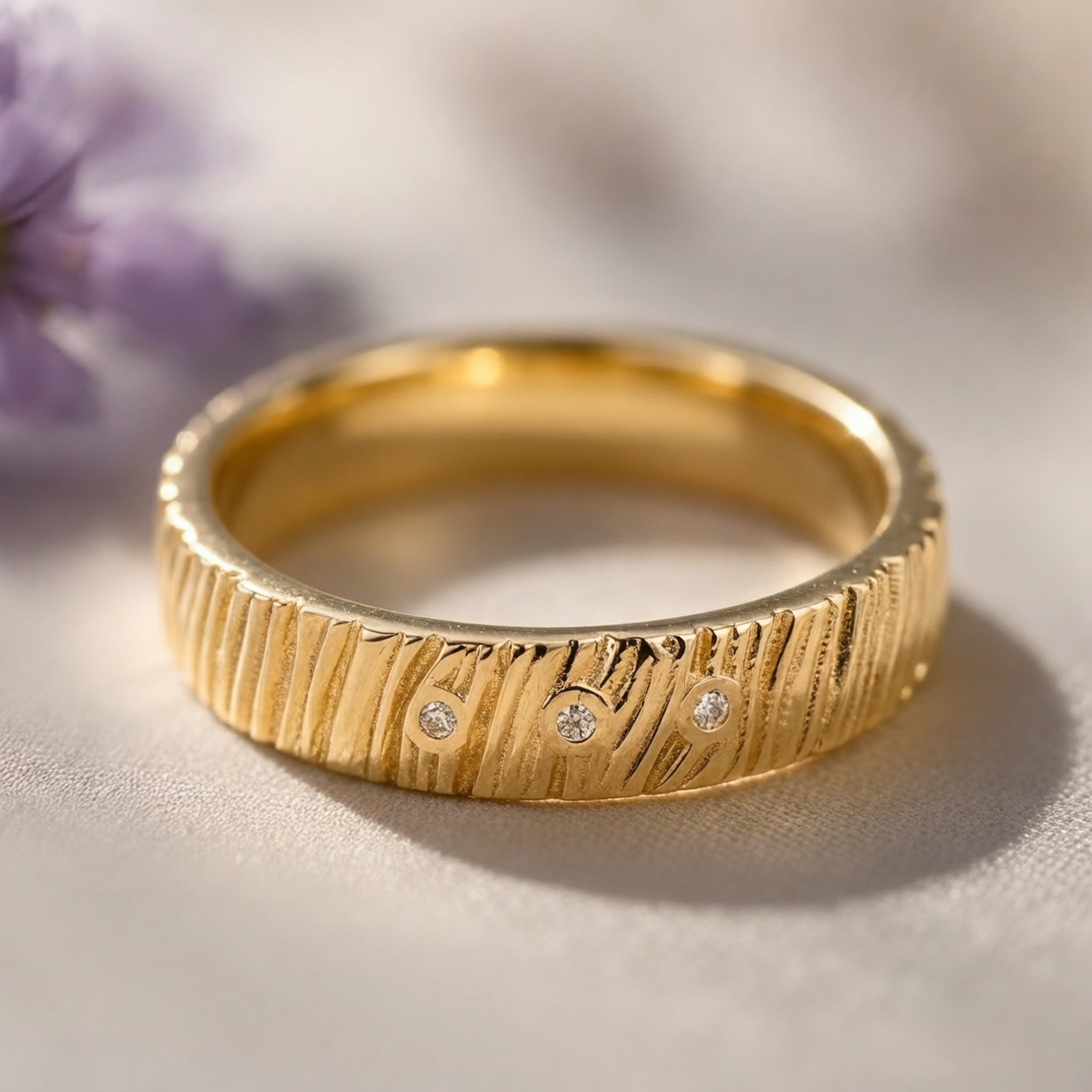 The Grain & Stars | Hand-Carved Wood Texture Band with Diamonds.