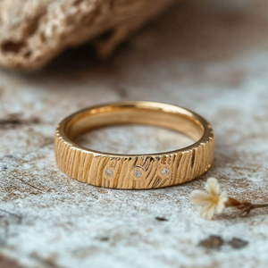 The Grain & Stars | Hand-Carved Wood Texture Band with Diamonds.