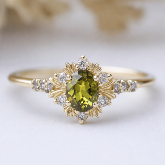 Rosalind’s Amber | 1CT Oval Cut Olive Yellow Halo Engagement Ring.