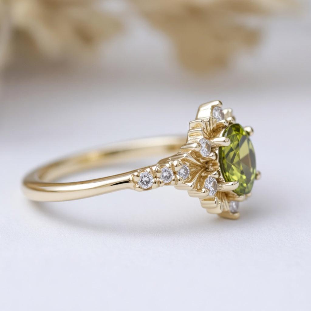 Rosalind’s Amber | 1CT Oval Cut Olive Yellow Halo Engagement Ring.