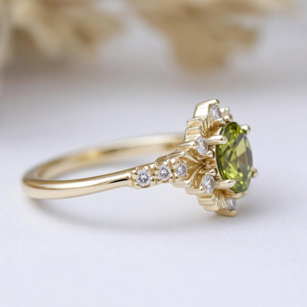 Rosalind’s Amber | 1CT Oval Cut Olive Yellow Halo Engagement Ring.