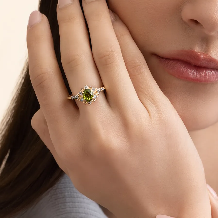 Rosalind’s Amber | 1CT Oval Cut Olive Yellow Halo Engagement Ring.