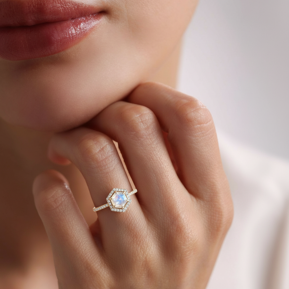 Vintage Hexagon Moonstone & Moissantie Halo Ring.