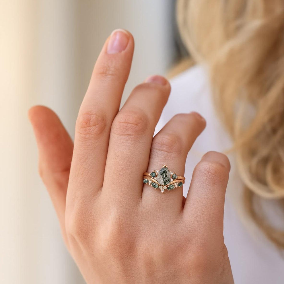 Sylvie’s Vine | Pear Cut Moss Agate Engagement Ring Set 2pcs.