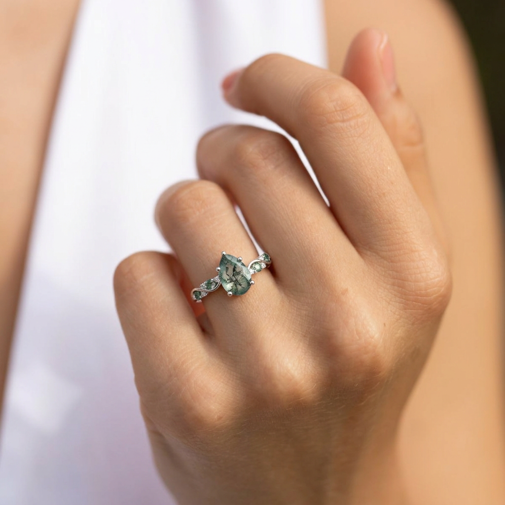 Flora’s Sprig | Pear Cut Moss Agate Engagement Ring.