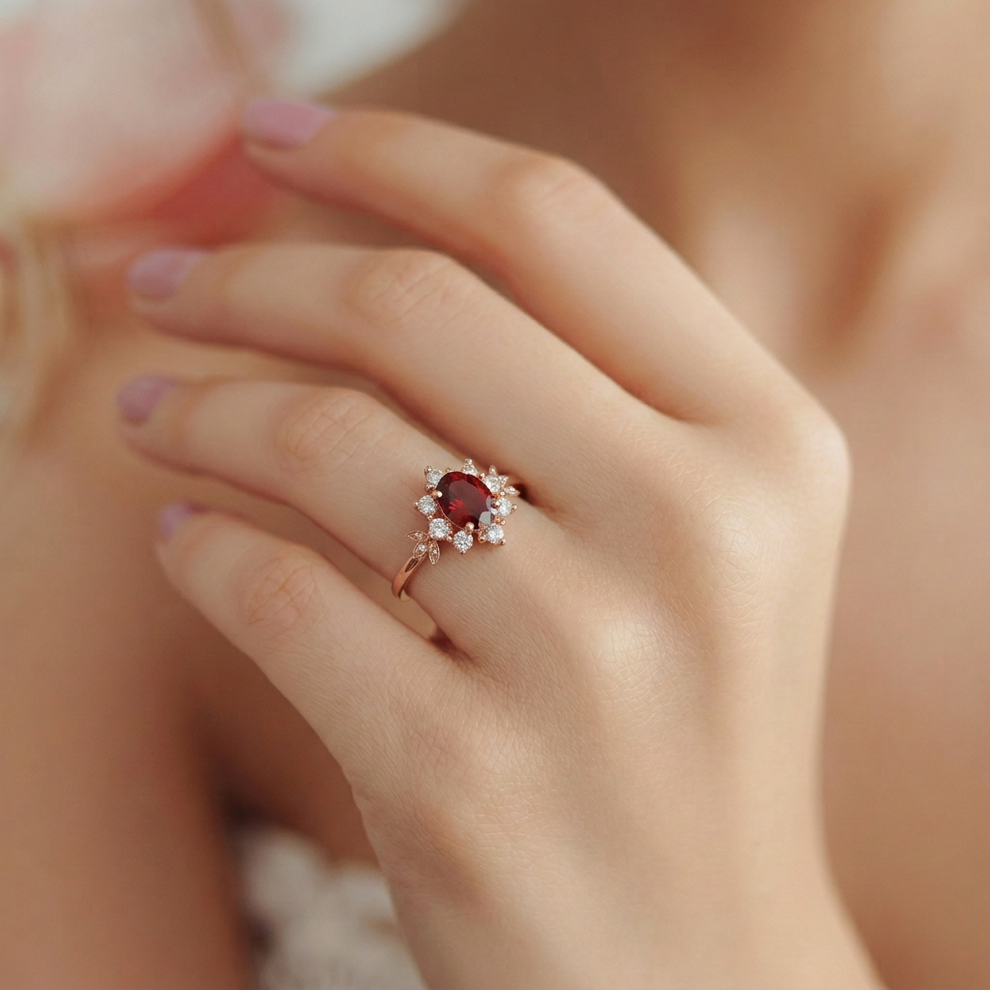 Golden Tudor Bloom | Antique Oval Garnet Engagement Ring.