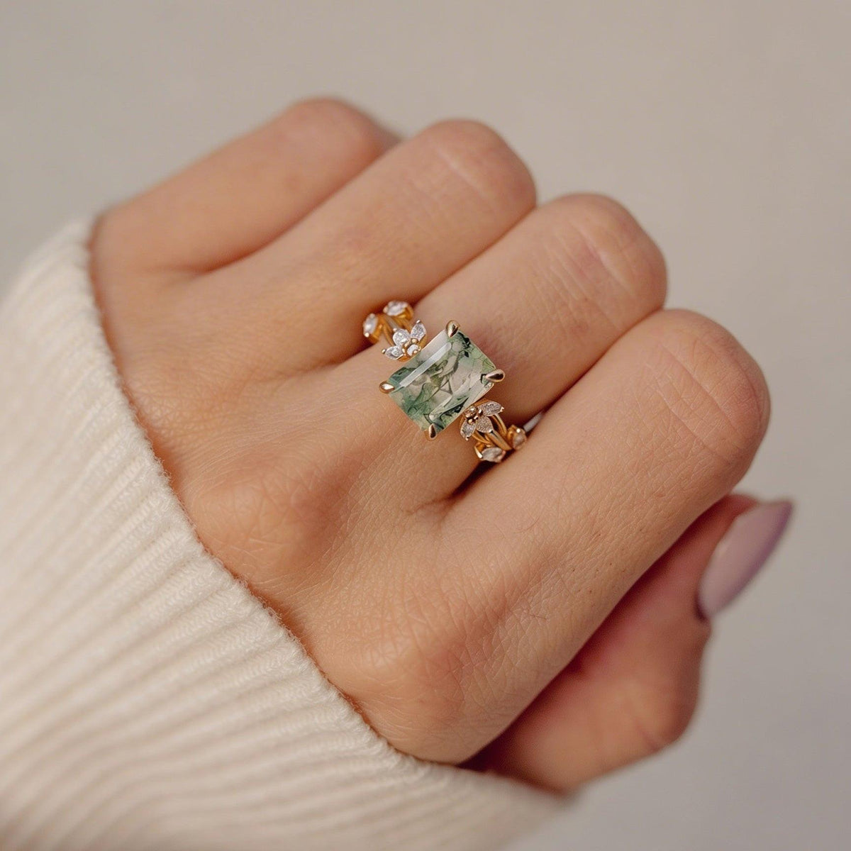 Nature Inspired Emerald Cut Moss Agate Engagement Ring.