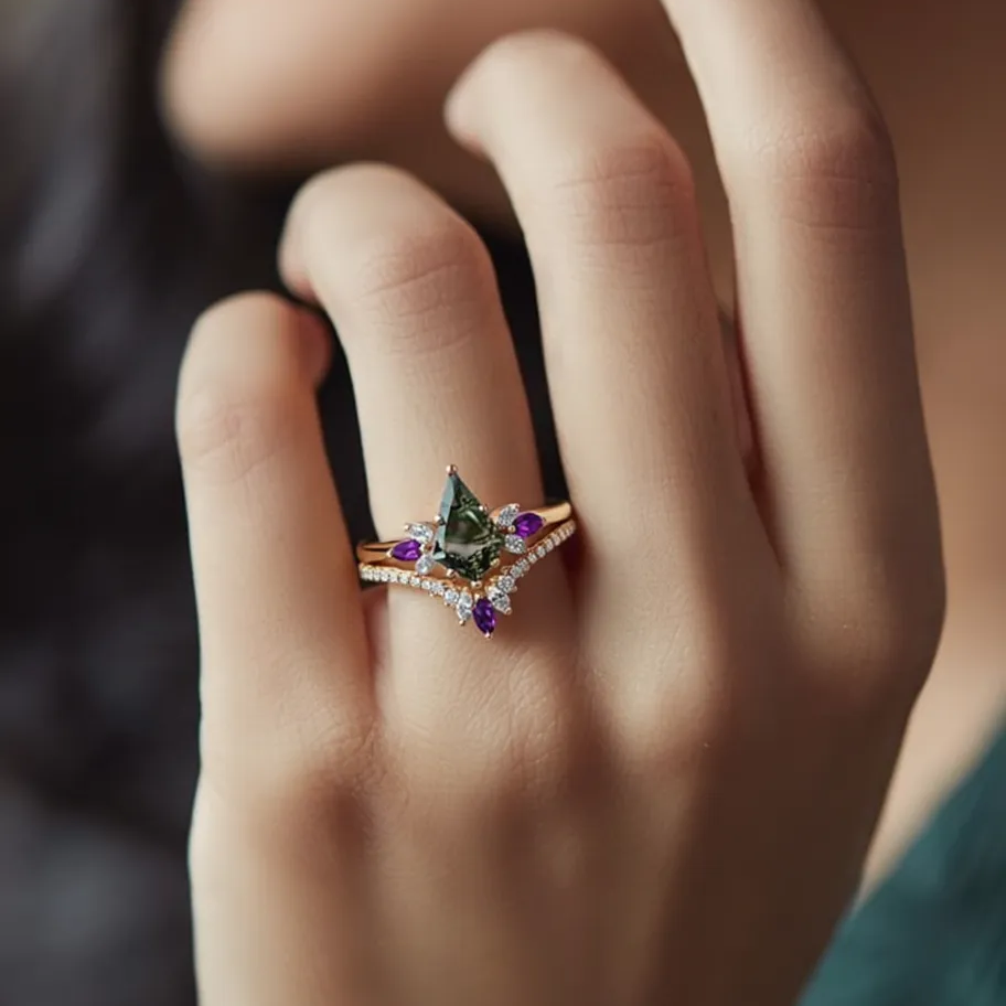 Butterfly Fairy - Unique Kite Cut Moss Agate & Amethyst Engagement Ring Set 2pcs.