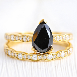 Aria‘s Cipher | Pear Cut Black Diamond Ring & Matching Diamond Band Ring Set.