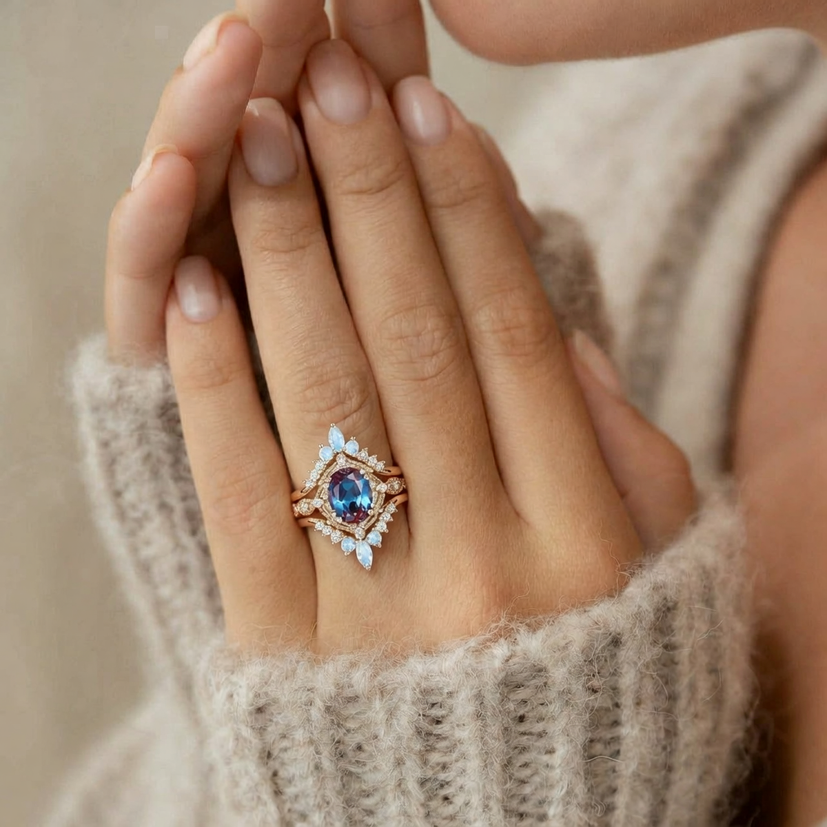 Luna’s Glow | Alexandrite & Moonstone Vintage Bridal Set 3pcs.