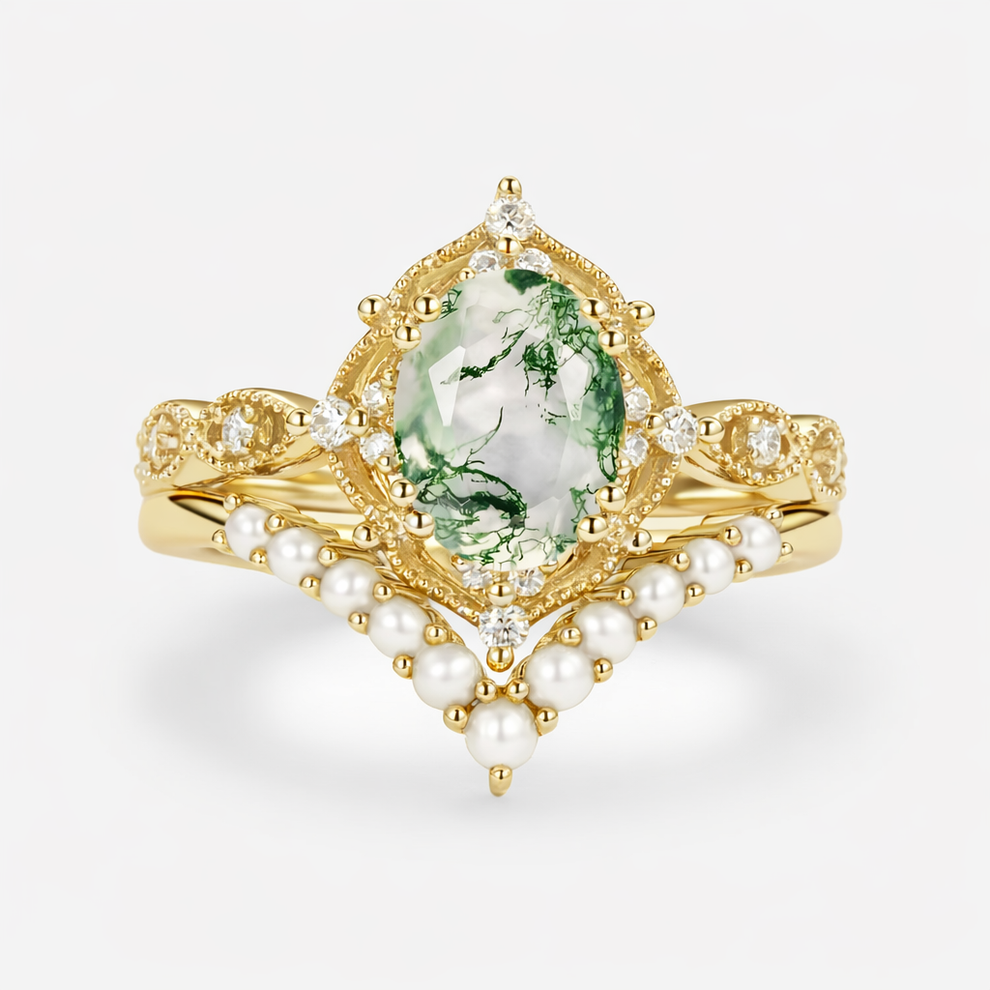 Sylvie’s Pearl | Oval Cut Moss Agate &amp; Slate Vintage Gold Bridal Set 2pcs.