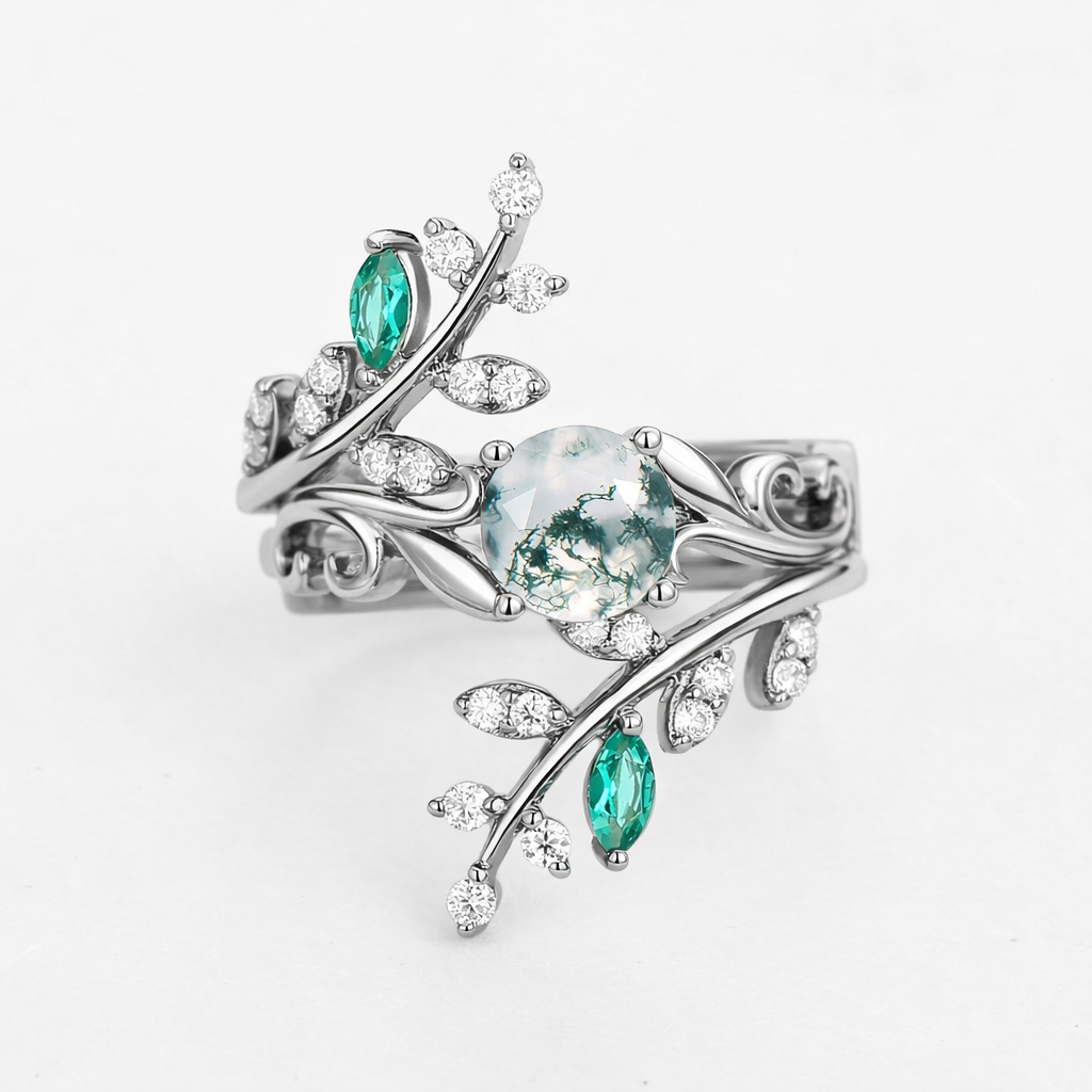 Forest Bloom – Round Cut Moss Agate & Emerald Bridal Set 2pcs.