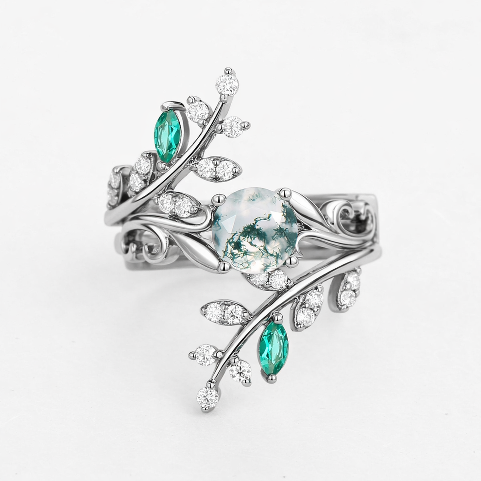Forest Bloom – Round Cut Moss Agate & Emerald Bridal Set 2pcs.