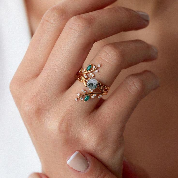 Forest Bloom – Round Cut Moss Agate & Emerald Bridal Set 2pcs.