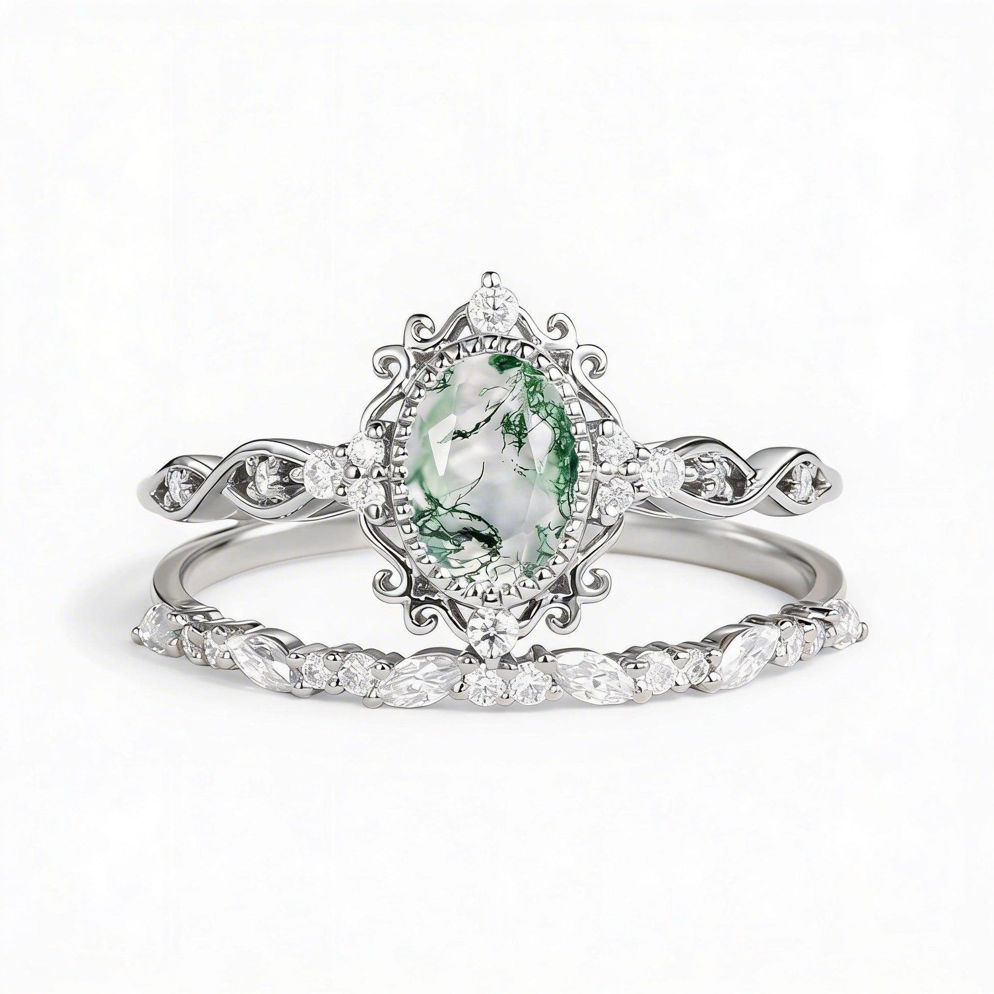 Margaret's Garden – Oval Cut Vintage Moss Agate Bridal Set 2pcs.