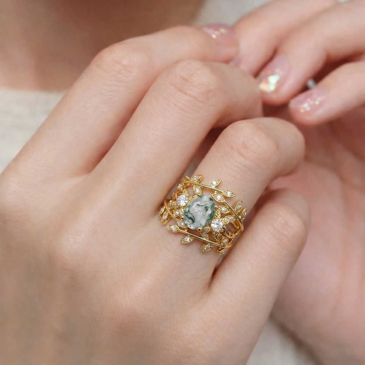 Léonie Oval Cut Moss Agate Leafy Gold Couple Ring Set.