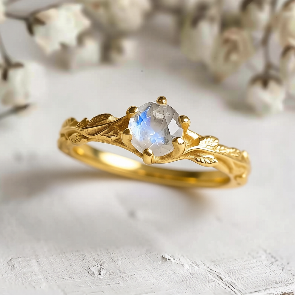 Aurora’s Moonvine | Moonstone Engagement Ring with Vine Motif.