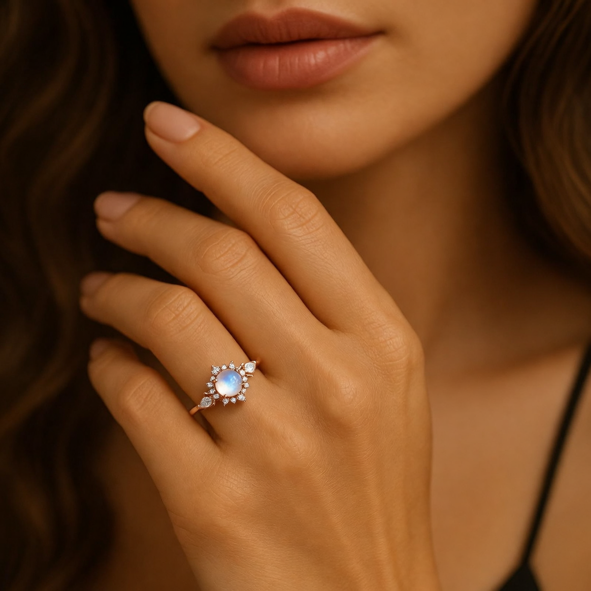 Lunar Cabochon Halo Ring – Vintage Moonstone & Diamond Engagement Ring.