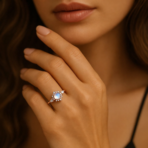 Lunar Cabochon Halo Ring – Vintage Moonstone & Diamond Engagement Ring.