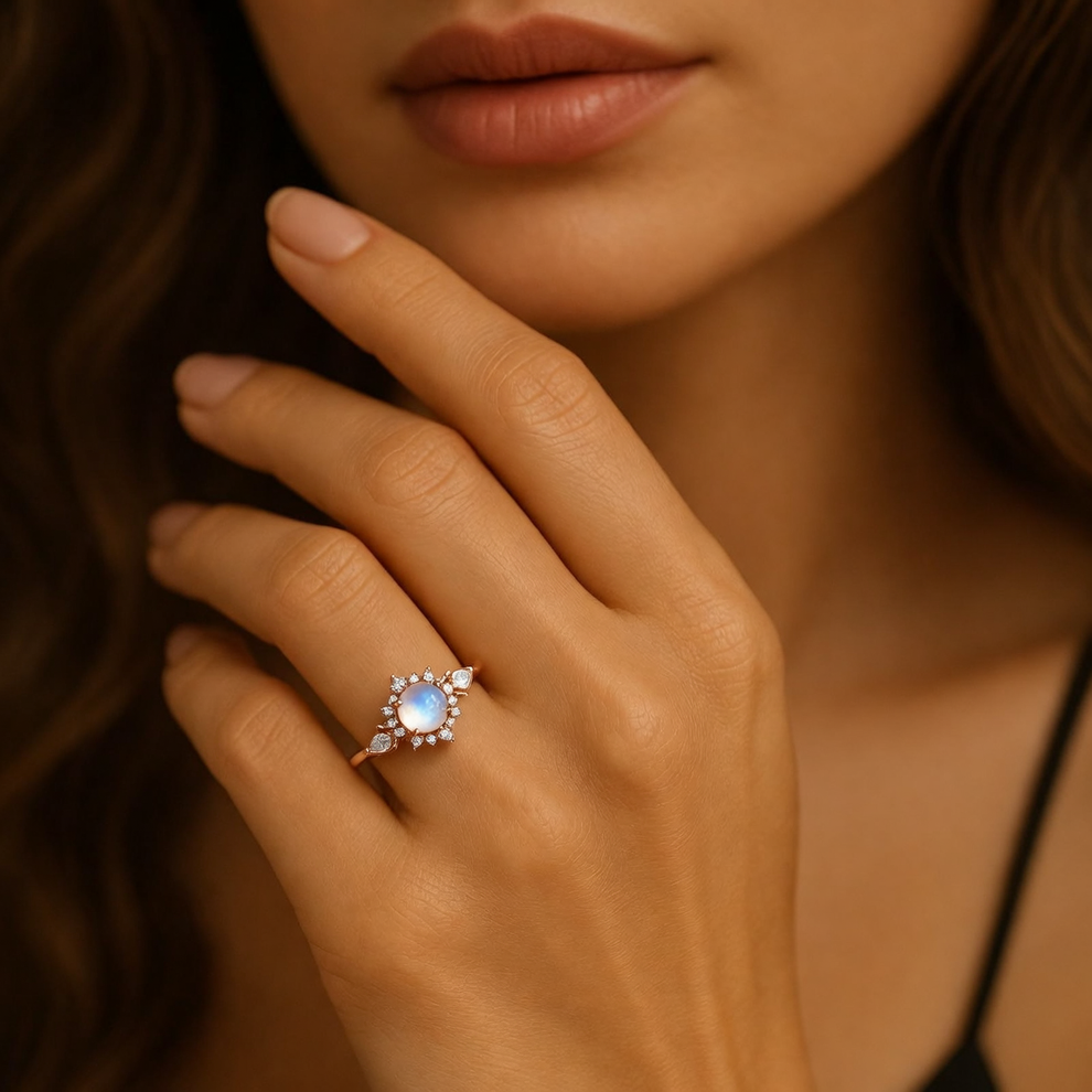 Lunar Cabochon Halo Ring – Vintage Moonstone & Diamond Engagement Ring.