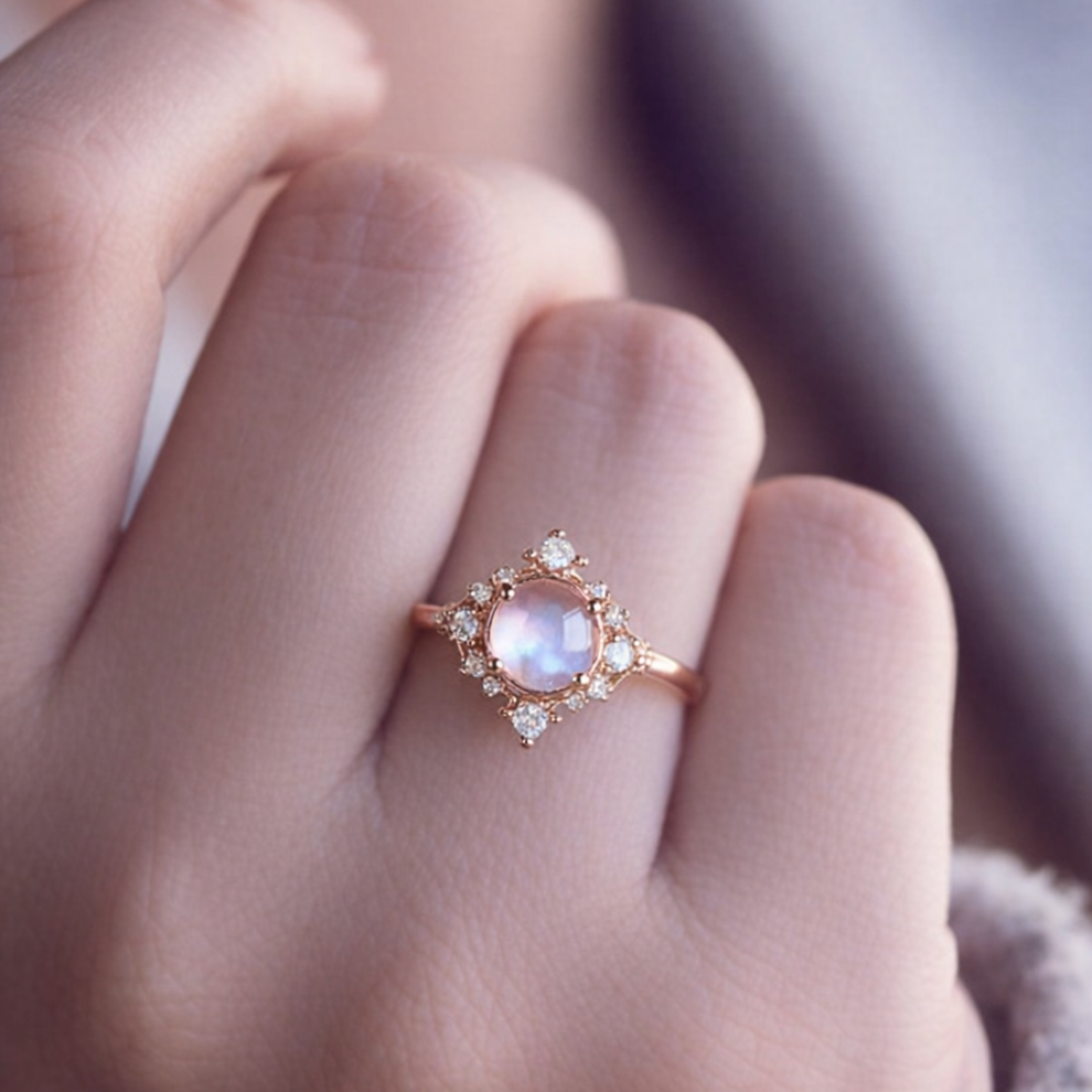 The Eternal Stars Engagement Ring – Cabochon Moonstone & Graduated Diamond Halo.