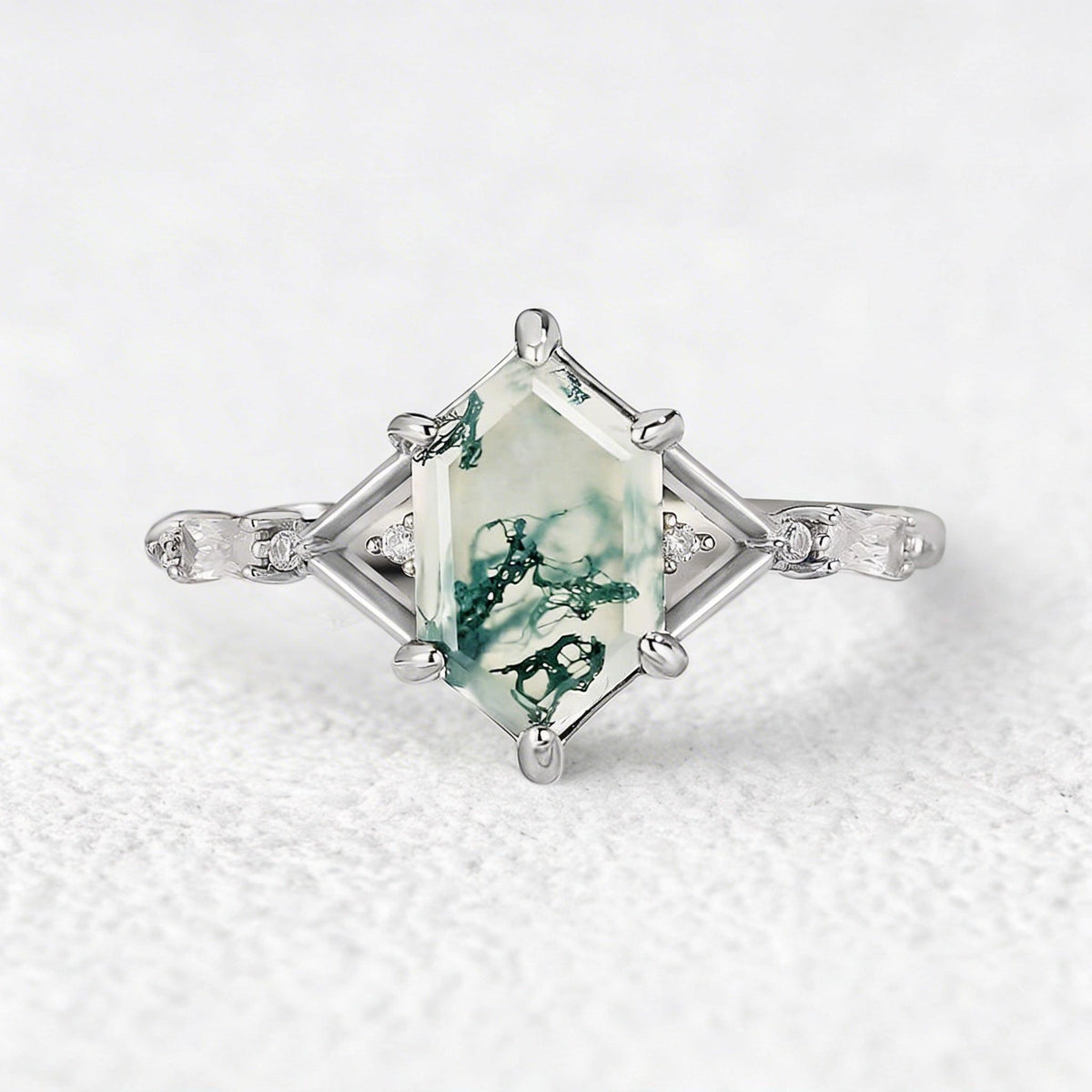 Nature Inspired Hexagon Cut Moss Agate Engagement Ring.