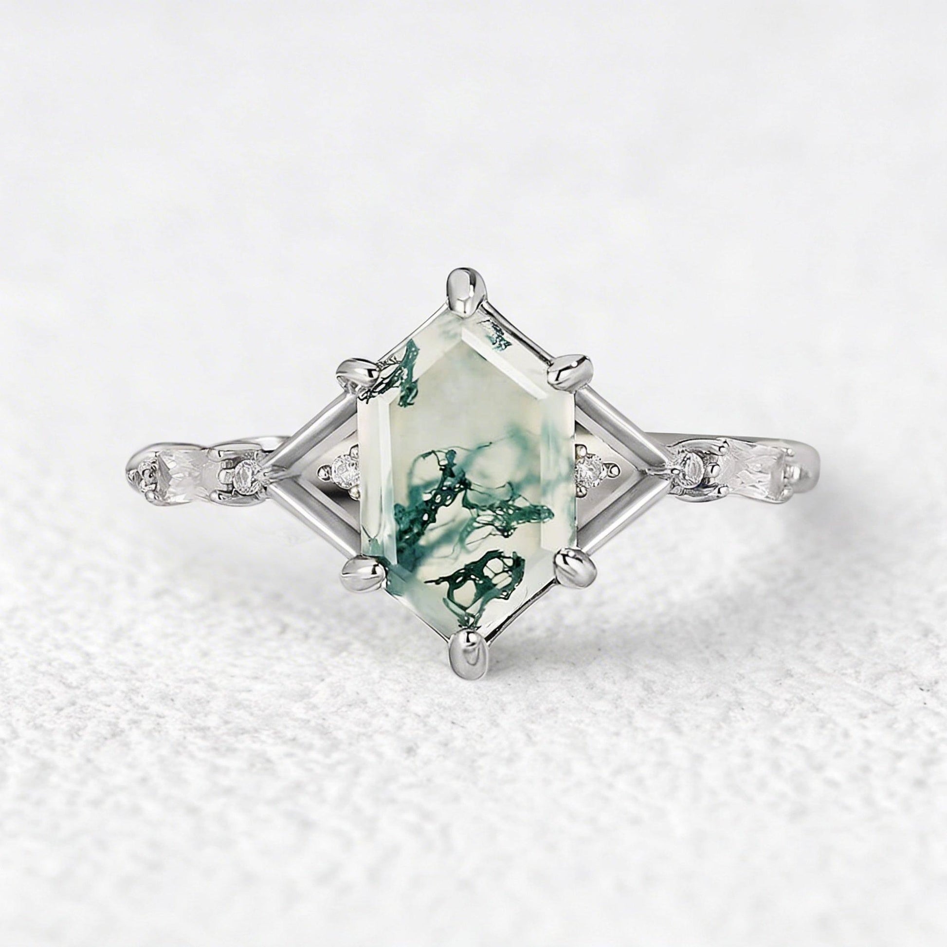 Nature Inspired Hexagon Cut Moss Agate Engagement Ring.