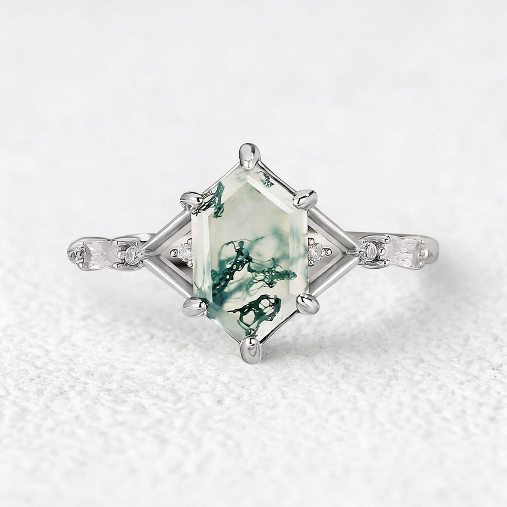 Nature Inspired Hexagon Cut Moss Agate Engagement Ring.